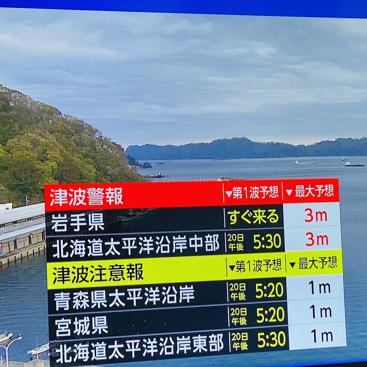 津波が来ます！警報出てます！！！
該当地域の方は高台へ逃げてください！！！