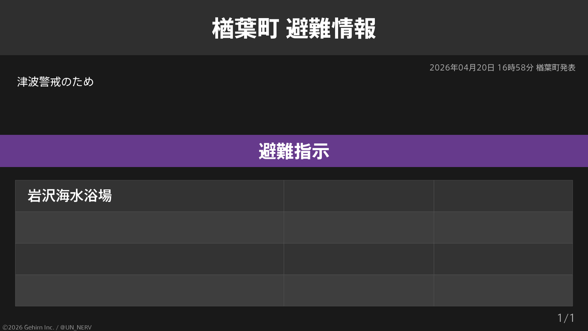 【福島県楢葉町 避難指示】
福島県楢葉町に避難指示が発令されています。
発令理由: 津波警戒のため