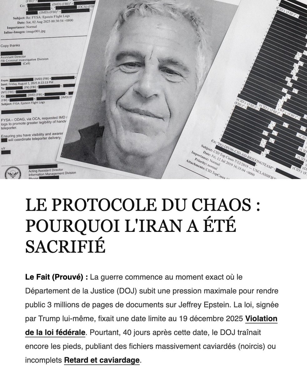 LHDSR_TV's tweet image. 🔴#Trump #Iran #Epstein Ce que les bombes sur Téhéran révèlent, en 7 actes.

Pendant que le monde regardait les explosions en Iran et la flambée du pétrole, le Département de la Justice publiait — puis faisait discrètement disparaître — des milliers de pages des dossiers