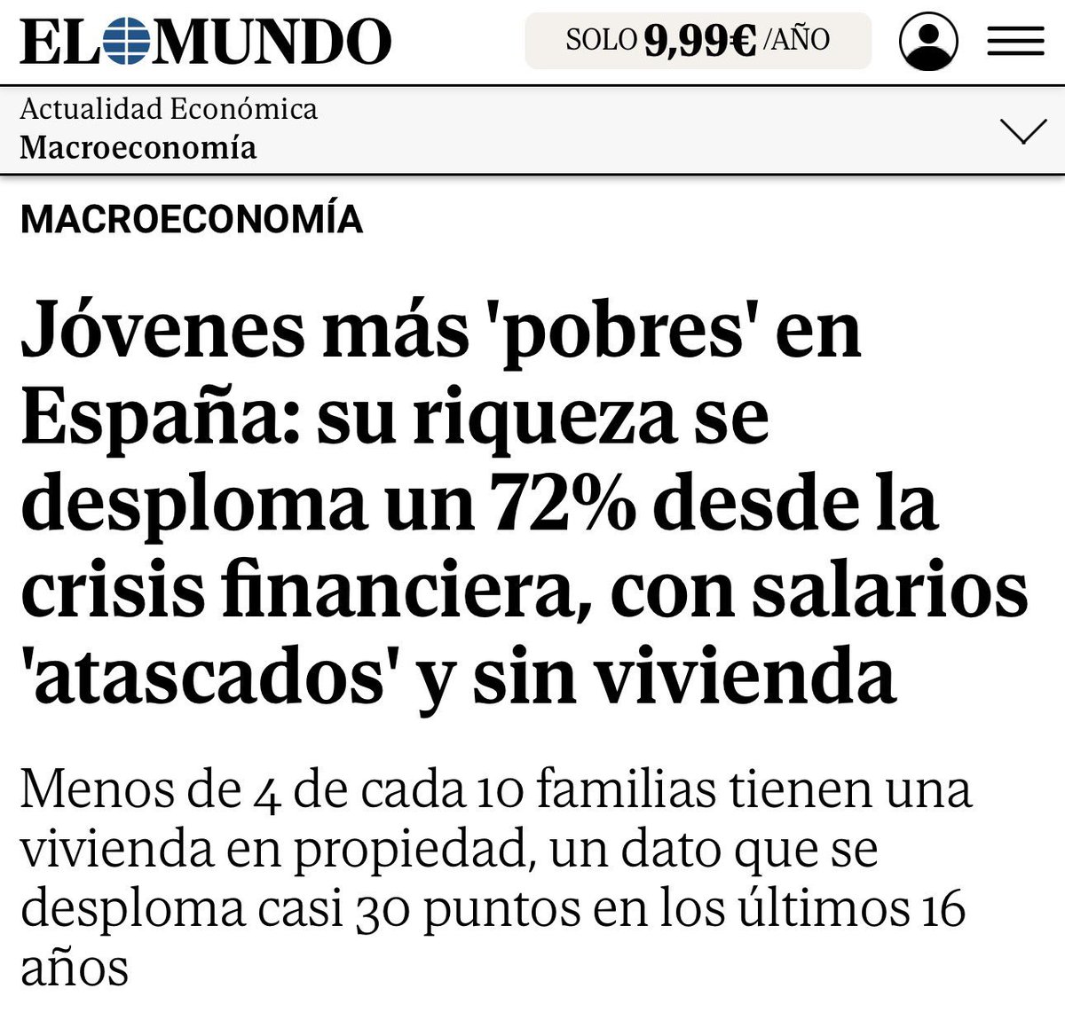 nnggcartagena's tweet image. 👉🏻 La realidad de muchos jóvenes en España está lejos de las promesas del Gobierno.

Sin oportunidades.
Sin acceso a vivienda. Sin salarios dignos.

📉 La capacidad para construir un #futuro se desploma un 72%.

Los datos matan el relato de Sánchez:

🔗 amp.elmundo.es/economia/macro…