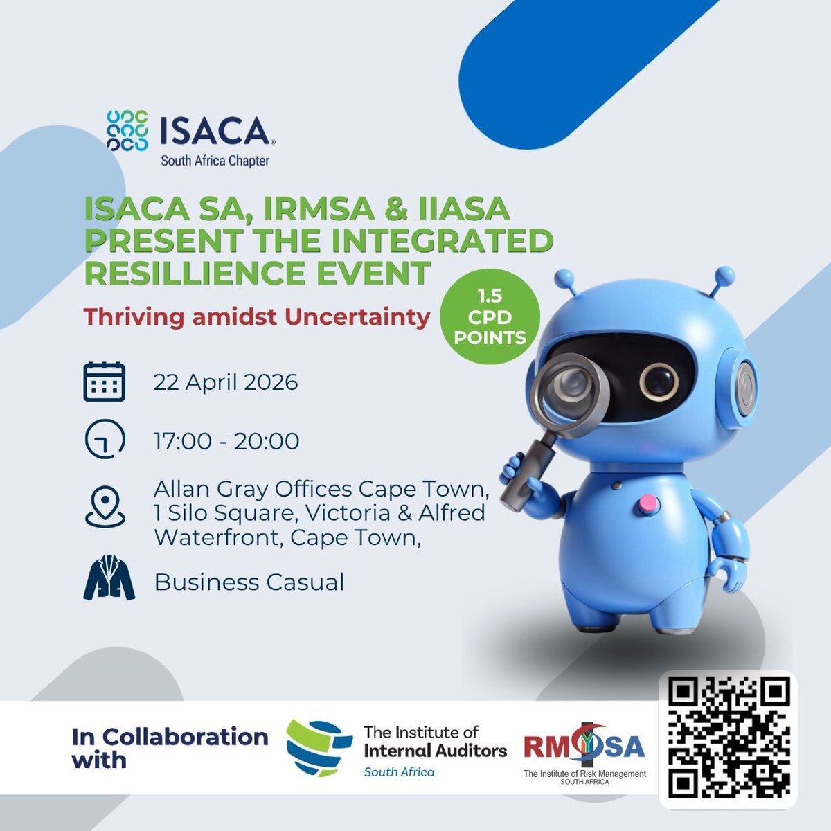 Isacaza's tweet image. ISACA SA 🤝 IRMSA 🤝 IIASA, three powerhouses, one unmissable evening.
The Integrated Resilience Event is coming to Cape Town and you need to be in the room.

Tap the link in bio to register, or use this 👉 forms.office.com/r/4cBR5rmQxj

#ISACASouthAfrica #IRMSA #IIASA #Resilience #Gov