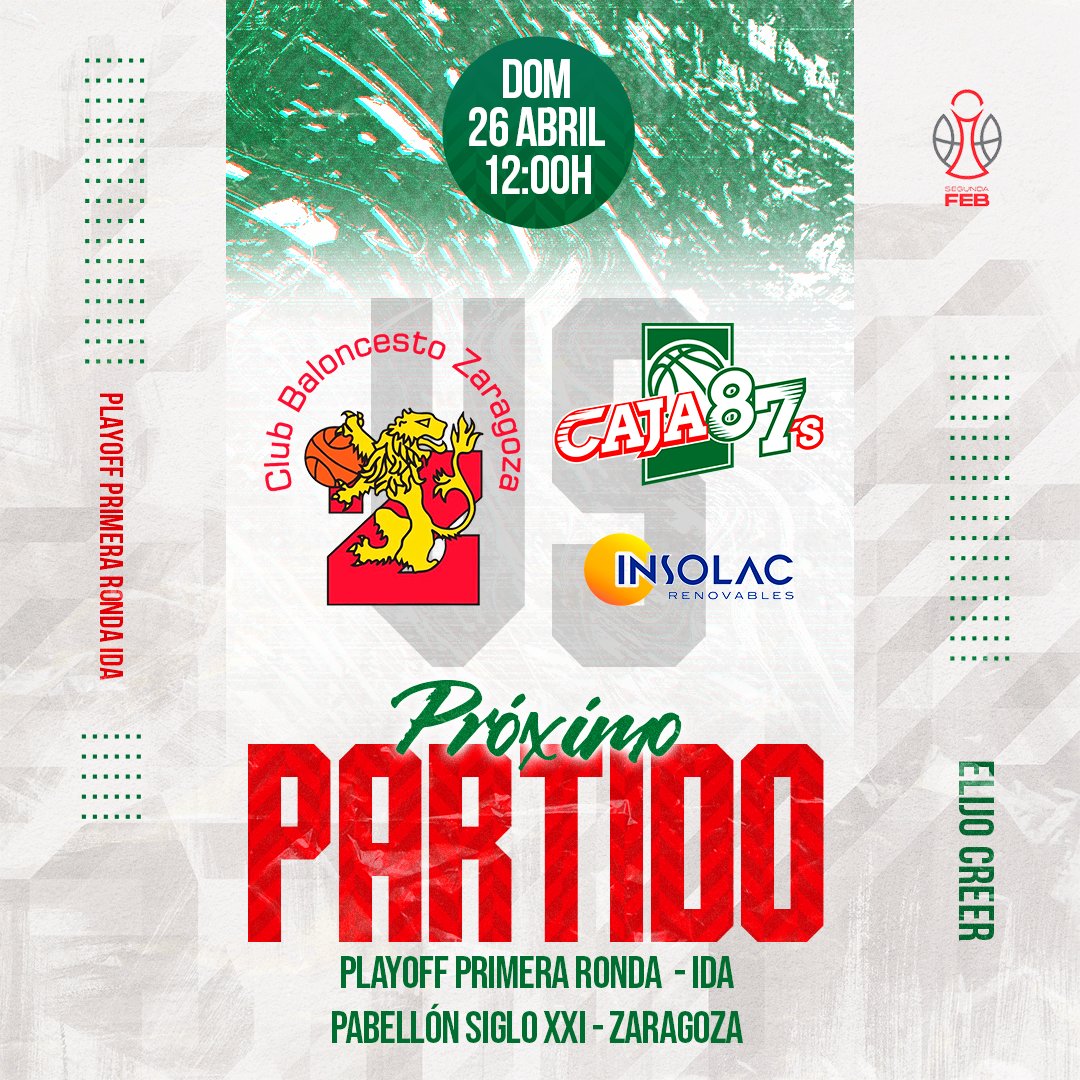🏀 ¡𝐂𝐨𝐦𝐢𝐞𝐧𝐳𝐚 𝐥𝐚 𝐞𝐭𝐚𝐩𝐚 𝐝𝐞 𝐏𝐥𝐚𝐲𝐨𝐟𝐟! 

El domingo arrancamos la postemporada visitando a <a href="/cbzaragoza/">Club Baloncesto Zaragoza</a> en el Siglo XXI. 

¡A tope equipo, vamos a por la semana! ❤️💚

#ElijoCreer