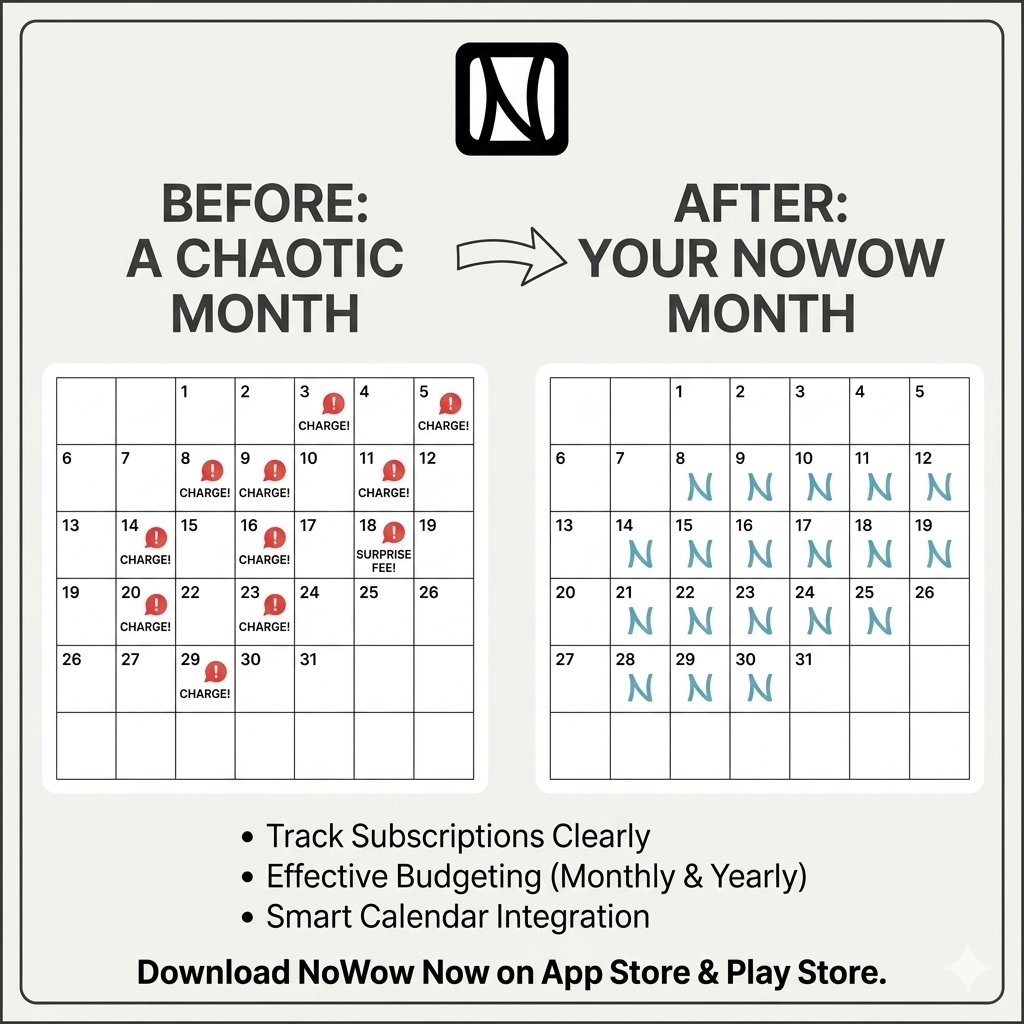 NoWowApp's tweet photo. Most people don’t realise there’s a problem with not tracking their subscriptions. 

Until they get charged, that moment is what we’ve been building around. 

1 month after our launch, we already have;

90+ people already using NoWow. 

We’ve added Budget + Calendar, 
so you can effectively track your subscription and budget monthly and yearly

We're still early, but we’re building every week. 

Download NoWow now on App Store and play store.
