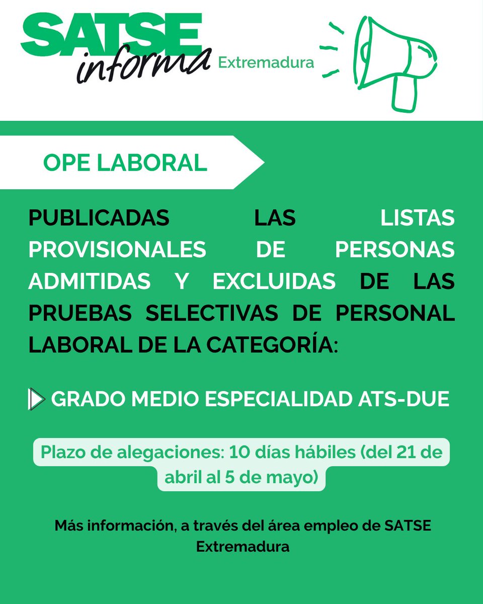 Publicadas las listas provisionales de admitidos y excluidos de las pruebas selectivas de personal laboral de:

✅ Titulado/a Grado Medio, especialidad ATS-DUE

📆Plazo de alegaciones: 10 días hábiles (del 21 de abril al 5 de mayo)

➕ info, en area-privada.satse.es/services/job-o…
