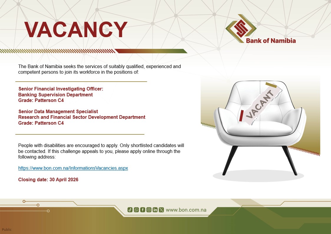 BankofNamibia's tweet image. #Vacancy | The Bank of Namibia seeks the service of a suitably qualified, experienced and competent person to join its workforce in the positions of:  

▪️Senior Financial Investigating Officer, Banking Supervision Department
▪️Senior Data Management Specialist, Research and