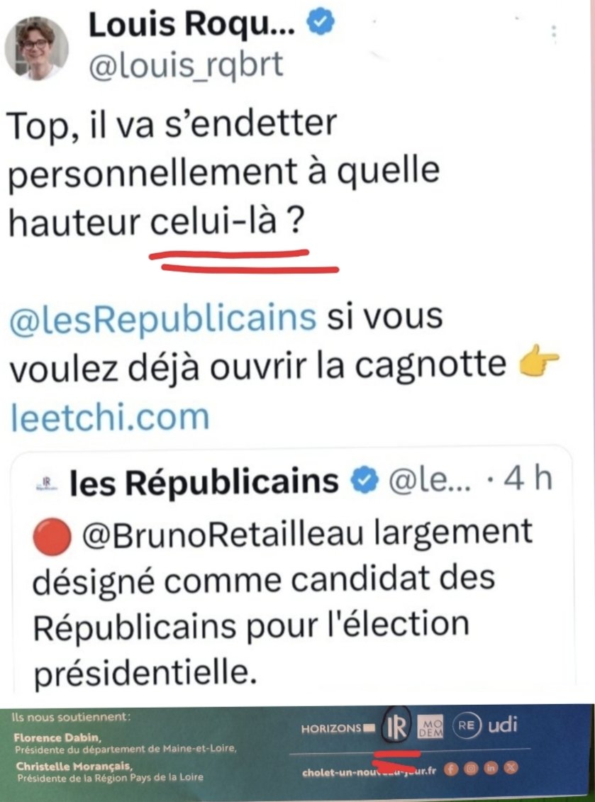 laroulotte49's tweet photo. Que pensent les soutiens #LR de #LeroyBregeon du mépris du petit merd2 #Roquebert envers "celui-là" @BrunoRetailleau
Cette liste #macronistefouillis ne durera pas aussi longtemps que les contributions #LadyZaza a du souci à se faire.
#cholet
@lesRepublicains
@LRepublicains49 https://t.co/GMdqCyksiW