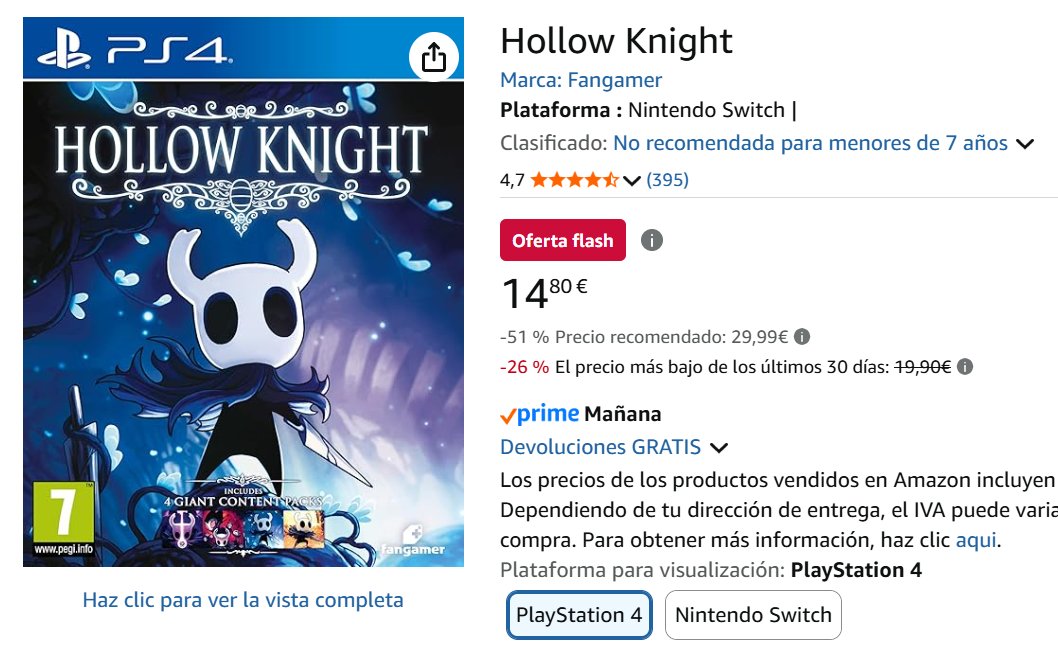 PlayVerso's tweet image. Hollow Knight por 14'80€ en Amazon.

amzn.to/4vF8z6h

#PS4