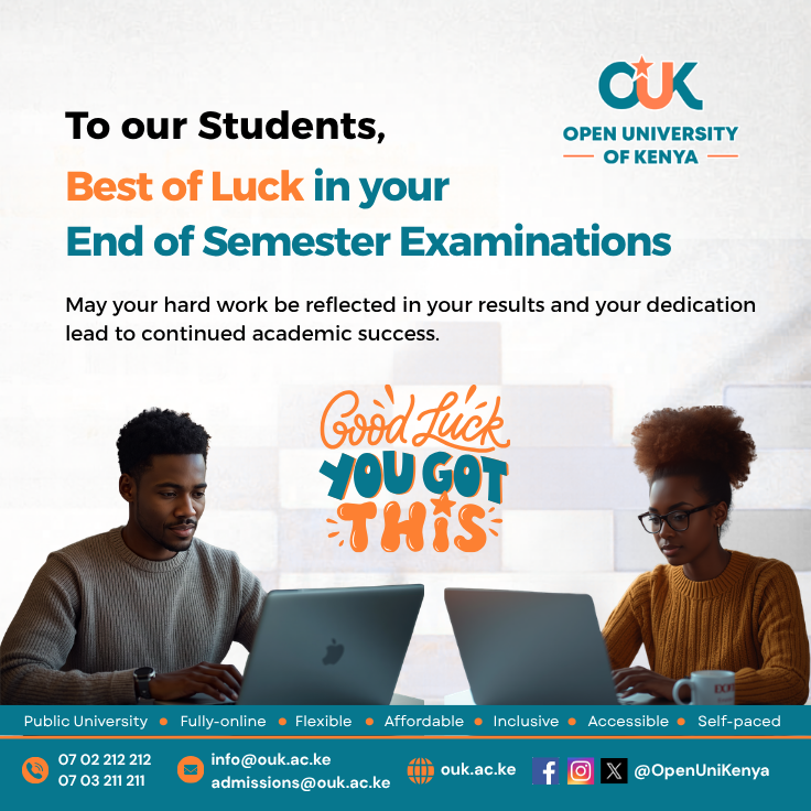 OpenUniKenya's tweet photo. It’s Exam Season at OUK! 💻
Give us one word that describes your examination goals in the comments. 👇
We’re rooting for your success!
#YourFutureIsOpen #StudyWithOUK #ExamSuccess #Exams2026 #StayFocused https://t.co/C0n9Jk18UU
