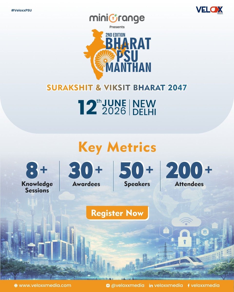 veloxx_media's tweet image. 50+ Speakers
200+ Attendees
8+ Knowledge Sessions
30+ Awardees

Bharat PSU Manthan 2026

📅 12 June | New Delhi

Register now: bharatpsumanthan2026.com

#BharatPSUManthan #PSUIndia #Conference #VeloxxMedia #miniOrange