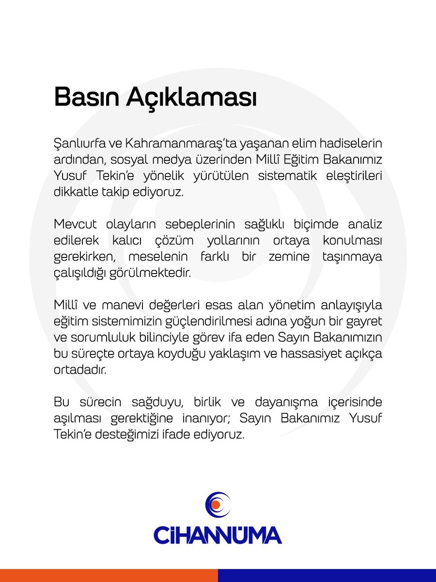 Basın Açıklaması

Şanlıurfa ve Kahramanmaraş'ta yaşanan elim hadiselerin ardından, sosyal medya üzerinden Milli Eğitim Bakanımız Yusuf Tekin'e yönelik yürütülen sistematik eleştirileri dikkatle takip ediyoruz.

Mevcut olayların sebeplerinin sağlıklı biçimde analiz edilerek kalıcı