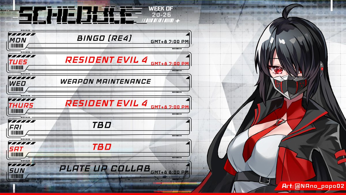 Schedule done
Figured I should probably change the format for this so yeah
MOAR RE 4

                      // Schedule for the week 🎯🗓️\\
Some Resident Evil 4 🔫
Then the long awaited Plate Up Collab 🍽️
