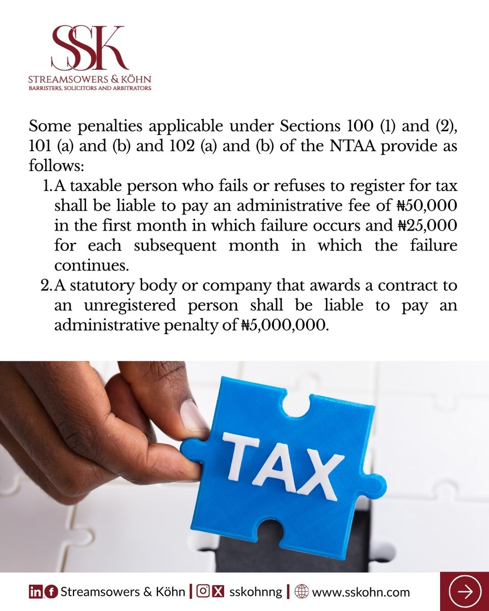 SSKohnNG's tweet photo. Failure to register for tax, file returns, and keep proper books and records of business transactions and income are offences that attract penalties under the Nigeria Tax Administration Act, 2025 (NTAA).
Swipe to learn more.
#NTAA #NRS #WeAreSSK https://t.co/c47hgJdF9a