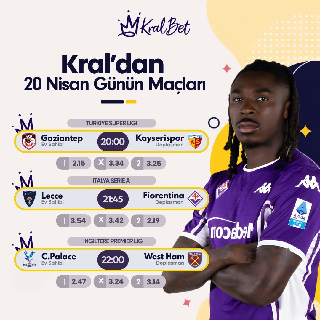 Kralbet_Turkey_'s tweet image. ⚽️ 20:00 | Gaziantep - Kayserispor
⚽️ 21:45 | Lecce - Fiorentina
⚽️ 22:00 | C.Palace - West Ham

🏆 Günün favori maçları, geniş bahis seçenekleri ve en kral oranlarla #KralBet’te! 👑

✅ En kral oranlarla krallar gibi kazan!

 #GFKvKYS  #LecceFiorentina #CPFCvWHU