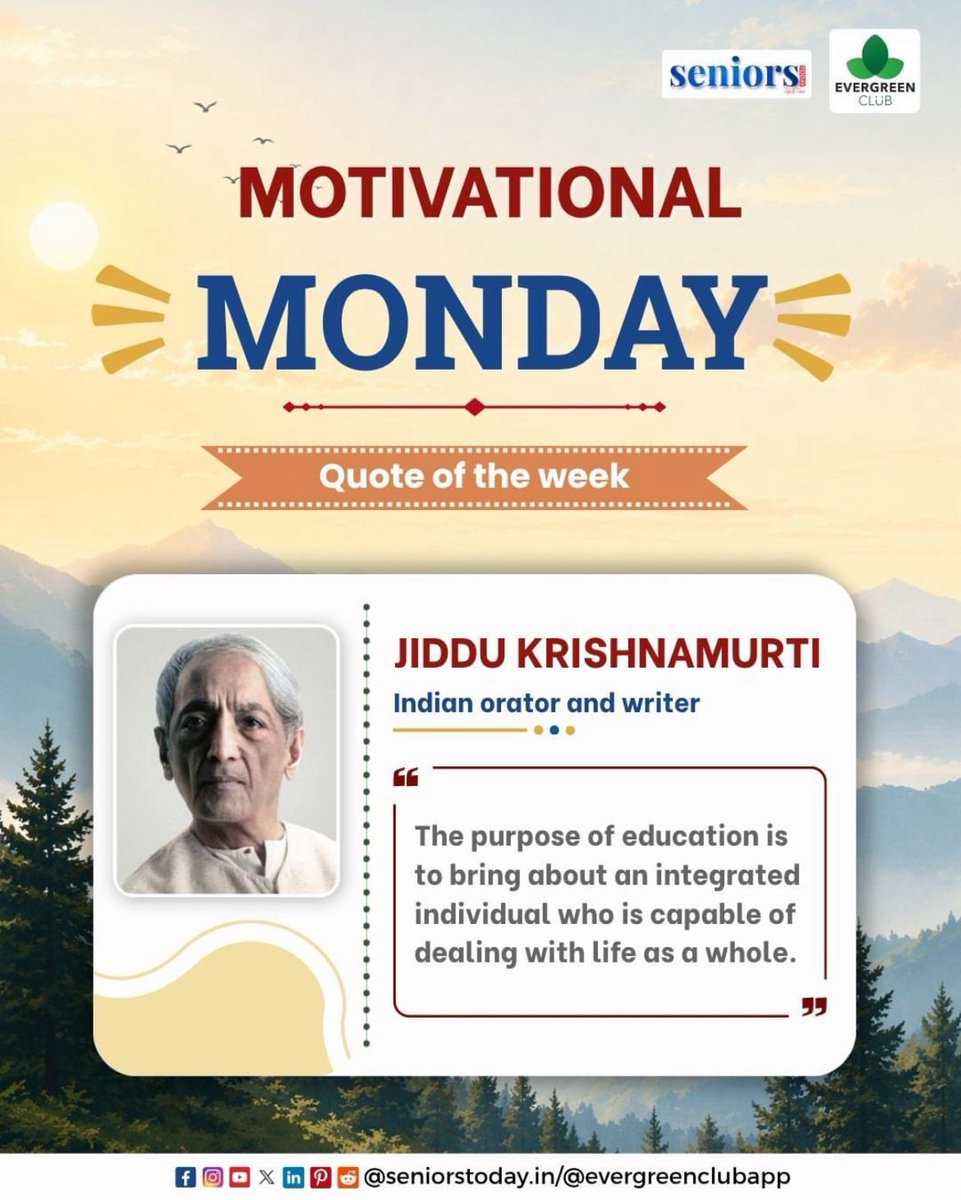 EvergreenClubIN's tweet image. True education is to learn how to think, not what to think

#motivation #MondayMotivation #mondayquotes #happinessquotes #quoteoftheweek #jiddukrishnamurtiquotes #EvergreenClub #seniorstoday