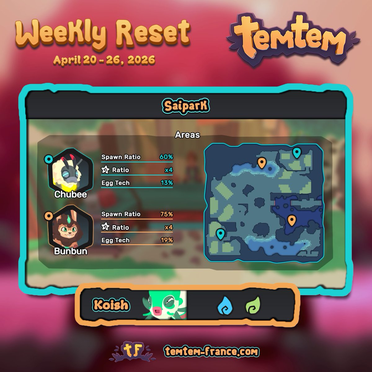 TemtemFrance's tweet photo. Cette semaine sur Temtem 🐝🐰 Configuration du 20 avril jusqu'au 26 avril 2026.
-
This week in Temtem 🐝🐰 This configuration will run from April 20th to April 26th, 2026.

👉 https://t.co/HLRMlf2g6I https://t.co/cKMuWiF1qd