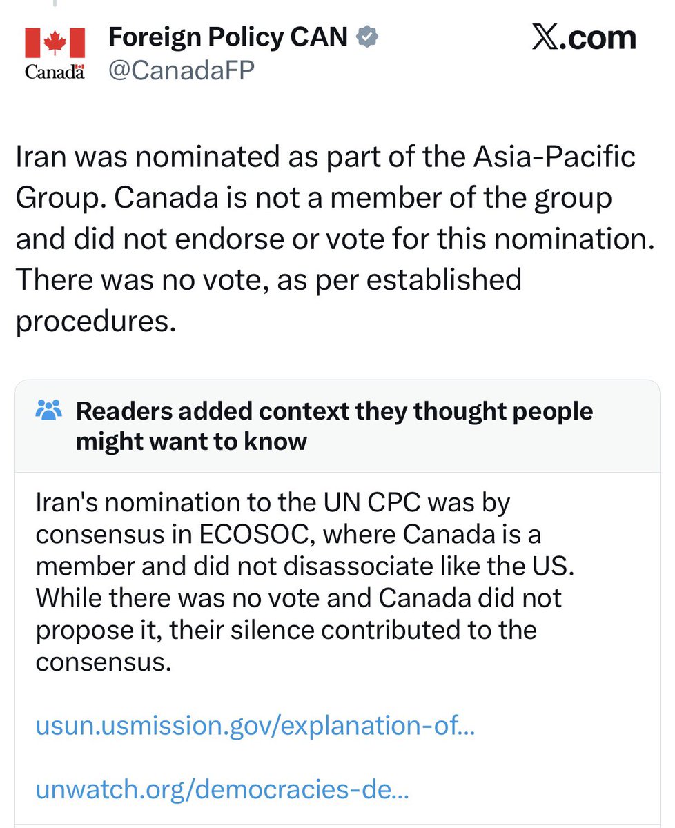 .<a href="/MarkJCarney/">Mark Carney</a> Prime Minister, your government has now been officially Community Noted, on account of not telling the truth about the fact you joined consensus to nominate the Islamic Republic of Iran after they slaughtered tens of thousands of their own people for protesting.