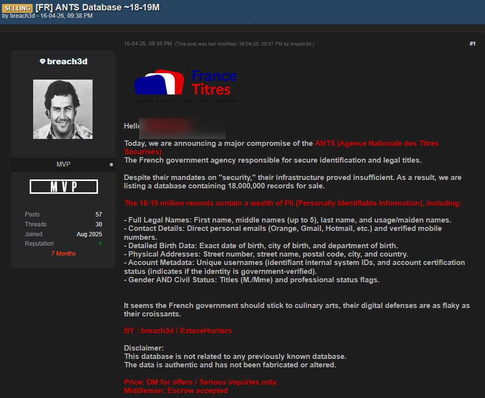 seblatombe's tweet image. 🔴🇫🇷 L’ANTS piraté : jusqu’à 19 millions de Français potentiellement exposés

Il pourrait s’agir de l’une des fuites de données administratives les plus importantes en France. Une base de données massive circule actuellement sur le dark web, avec entre 18 et 19 millions
