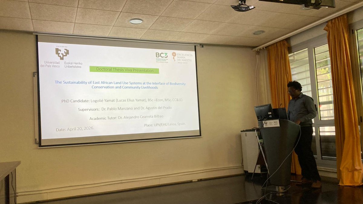 PabloPastos's tweet photo. Immensely proud to be at the PhD viva of @LogolieYamat after 4 years of hard work and great pleasure to supervise such a brilliant East African talent at @BC3Research, with FPI support from @CienciaGob. https://t.co/Tw9jAlsu2S