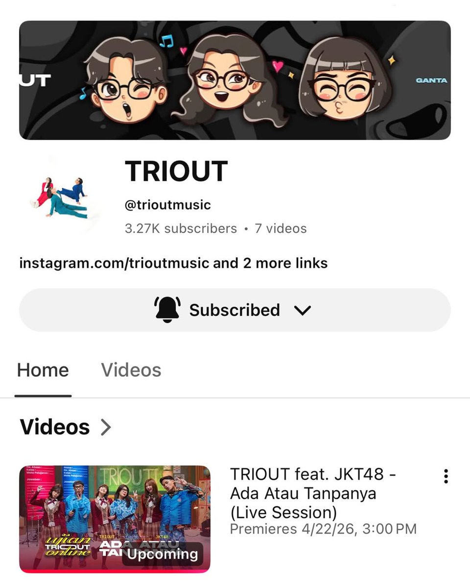 Nah ini dia😁😎🤩
<a href="/Freya_JKT48/">Freya Jayawardana</a> <a href="/A_LuluJKT48/">Lulu Salsabila</a> <a href="/H_EliJKT48/">エリ Helisma Putri</a>
Collab yang gak disangka-sangka tapi paling ditunggu! TRIOUT bareng JKT48 bakal rilis Live Session 'Ada Atau Tanpanya' lusa! 🎤
​Save the date: 22/04/26 jam 3 sore. Jangan sampe ketinggalan primernya! 🔔