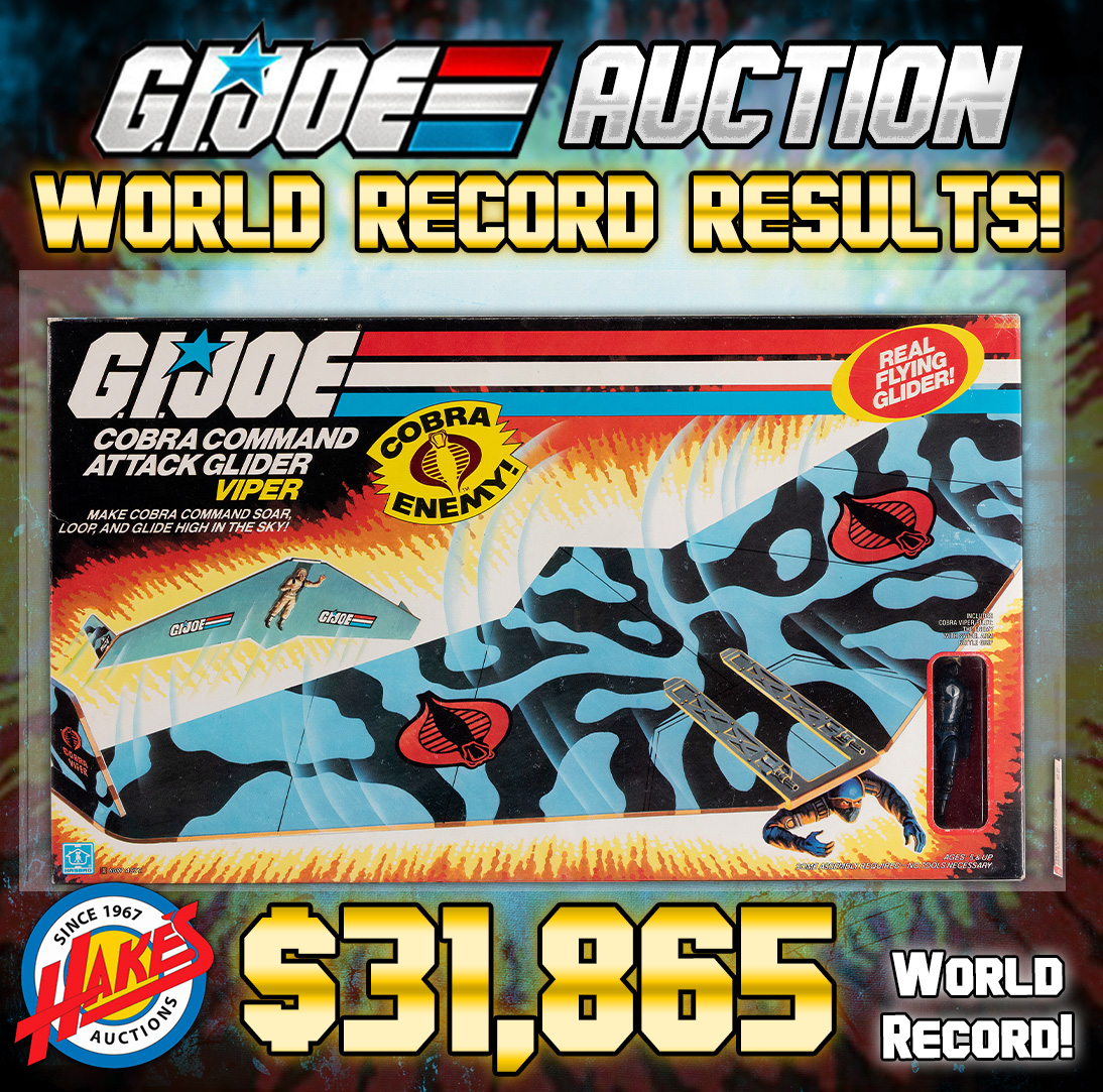 HakesAuctions's tweet image. Cobra conquered the skies when an AFA 85 1983 G.I. Joe Viper Cobra Command Attack Glider soared to new heights in Hake’s auction! 🔥 Yo Joe!
Got any graded vehicles or figures ready to deploy for big bids?
Consign now 👉 ow.ly/NHyw50XuVff
#GIJoe #ActionFigures #Auction