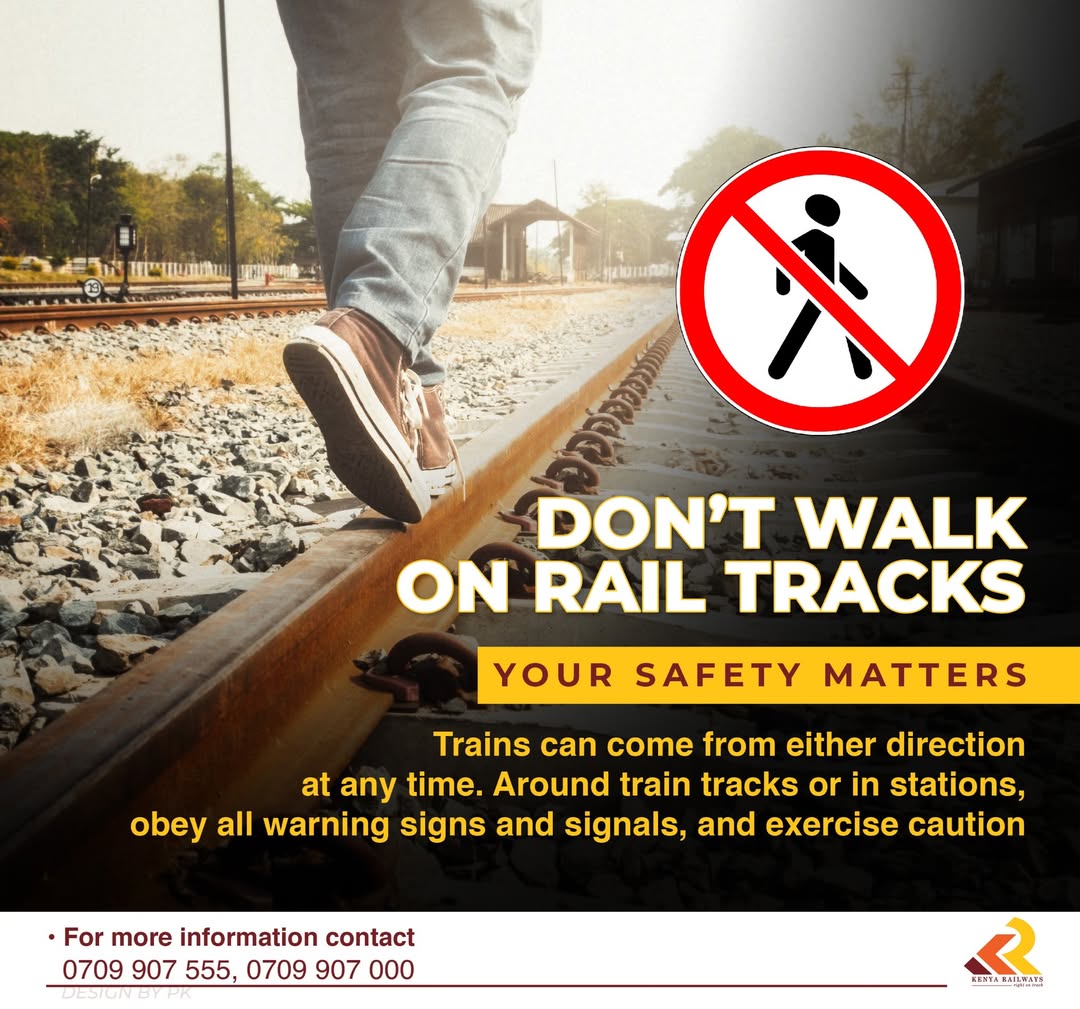 KenyaRailways_'s tweet image. Your safety is our priority.

🚫 Please don’t walk on railway tracks! 🚫

Trains can approach from either direction at any time and often much faster than expected.

Stay alert, follow all warning signs, and keep a safe distance from the tracks.

#StaySafe #KenyaRailways