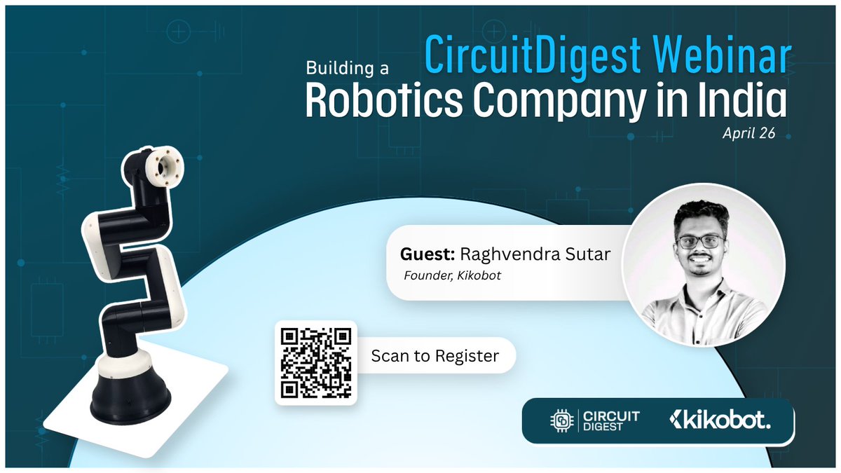 CircuitDigest's tweet image. What does it actually take to build a robotics startup in India?
In this month’s community webinar, we’re joined by Raghvendra Sutar, Founder of Kikobot, who’s actually doing it.

Register here: circuitdigest.in/circuitdigest-…
April 26 | 6:00 PM IST
Live session

#Robotics #TechWebinar