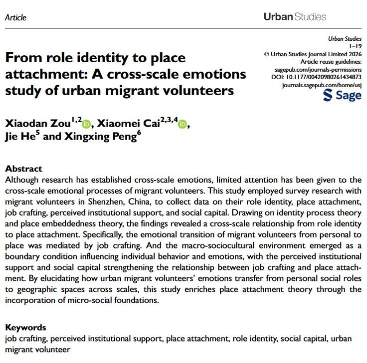 USJ_online's tweet image. 🏙️ NEW in #UrbanStudies

✍️ Zou et al. collect data on the role identity, place attachment, job crafting, perceived institutional support, and social capital of #migrant volunteers in #Shenzhen, revealing a cross-scale relationship.

📖 buff.ly/AY16OS1