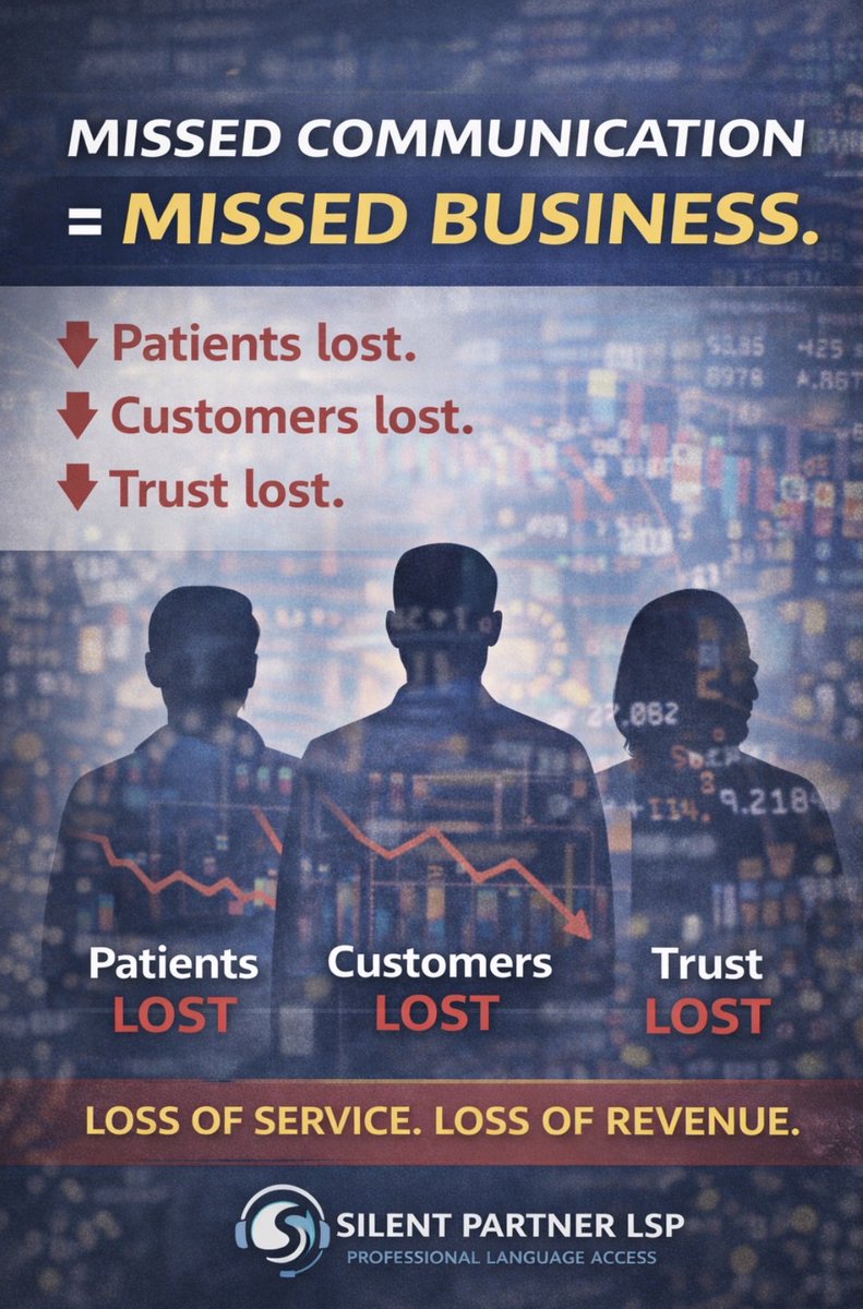 Silentpartlsp's tweet image. Missed communication becomes missed business. When people cannot clearly access your service, many do not complain — they leave. Silent Partner LSP helps organizations support patients, customers, and guests with on-demand ASL + 300+ spoken languages. #LanguageAccess #ASL