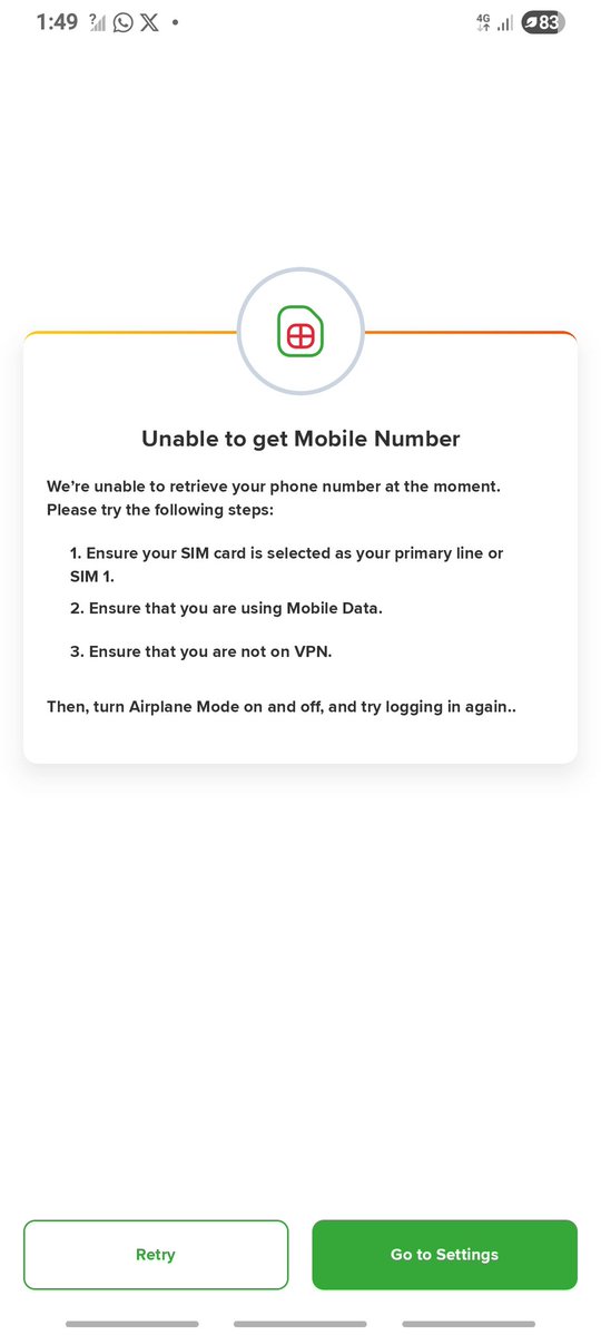 justwerikhe's tweet image. @SafaricomPLC I'm unable to log into the My OneApp. I keep getting "Unable to get Mobile Number" even after following all the steps:
SIM 1 as primary
Mobile data only (no Wi-Fi)
No VPN
Airplane mode on/off
Cleared cache &amp;amp; reinstalled app
This app ain't work so sad to #everyone