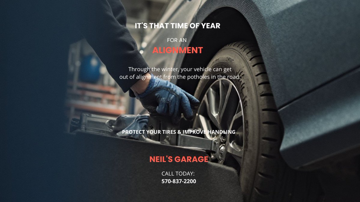 neilsgarag38164's tweet image. It's that time of year for an Alignment!  Through the winter, your vehicle can get out of alignment from the potholes in the road.  Protect your tires and improve handling.  Neil's Garage  Call today 570-837-2200
#WheelAlignment
#Alignment
#potholes
#tires
