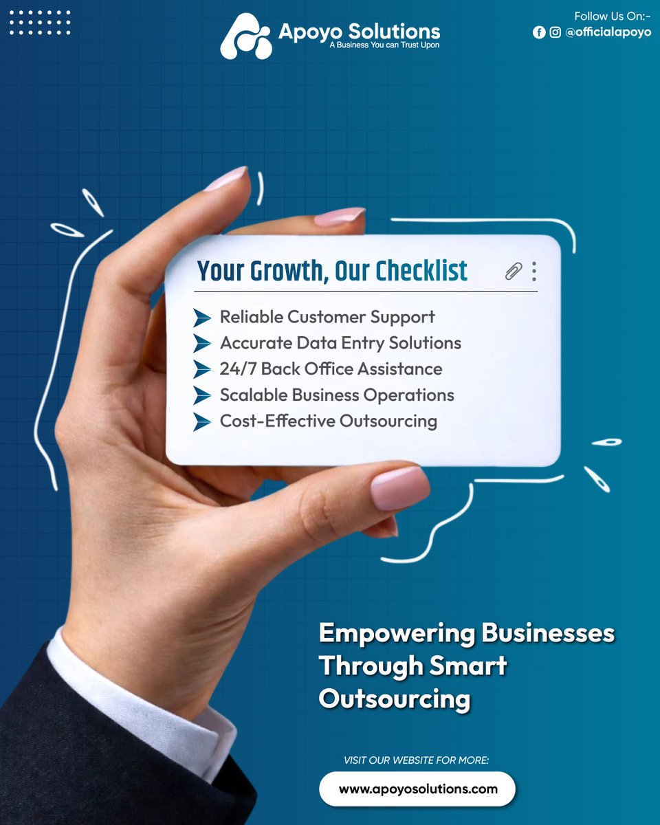 officialapoyo's tweet image. Focus on growing your business while Apoyo Solutions handles your operations with reliable support, accurate data entry, and smart outsourcing solutions. 🚀

Visit us: apoyosolutions.com
.
.

#OutsourcingServices #BusinessSupport #CustomerService #BackOffice #ApoyoSolutions