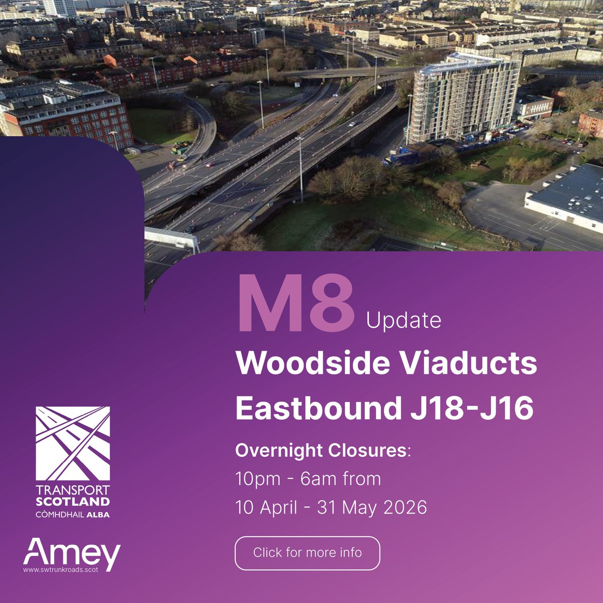 SWTrunkRoads's tweet image. 🚧 Overnight closures on #M8 Eastbound junctions 18 to 16 from Friday 10th April - Sunday 31st May 2026.

🔗 swtrunkroads.scot/scottish-south…

@trafficscotland