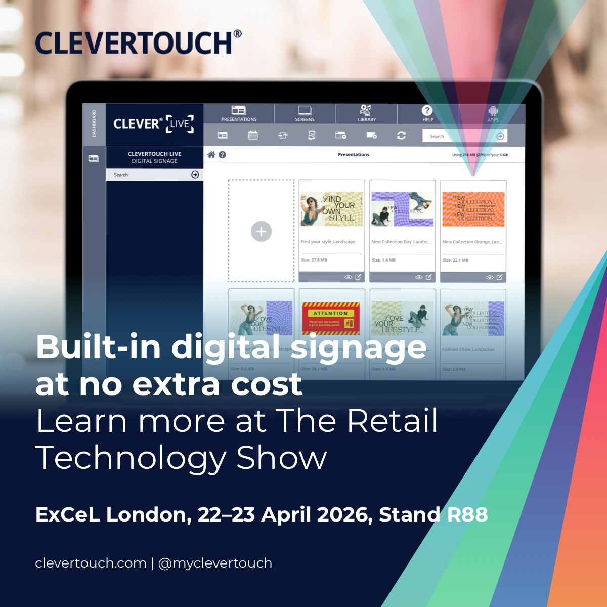 myClevertouch's tweet photo. Built-in digital signage at no extra cost!

Learn more at The Retail Technology Show, ExCeL London, 22–23 April 2026, Stand R88 https://t.co/HqL1wGpr95

#DigitalSignage #RetailTechnologyShow #ExCeLLondon #CustomerExperience #BusinessSolutions #RetailTrends https://t.co/nYjfmadPGN