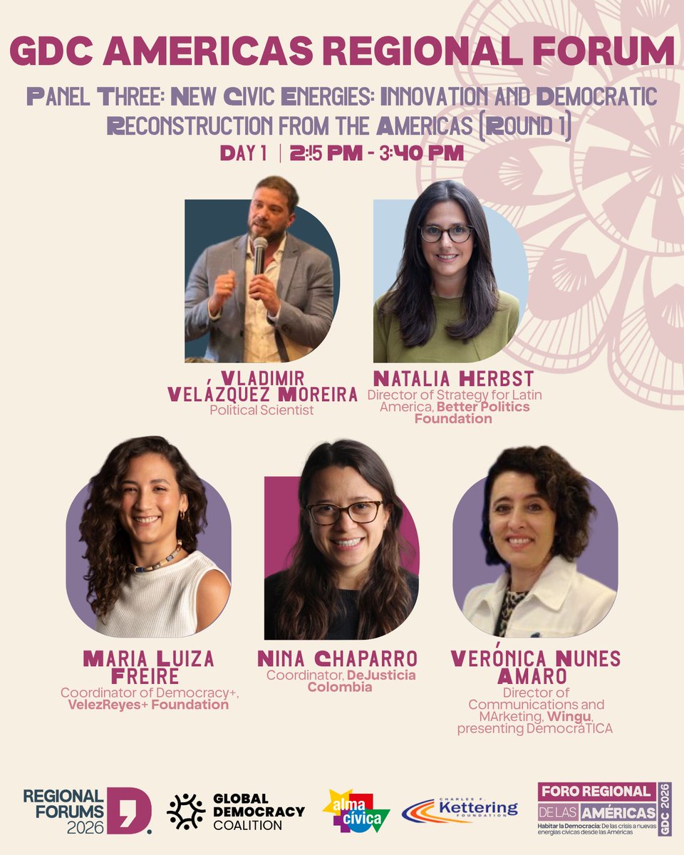 GloDemCoalition's tweet photo. Three days from now, the Americas come together in Asunción for a forum built around a simple but urgent premise: democratic renewal is not theoretical, it is lived, practiced, and shaped by the people who show up to do the work. The GDC Americas Forum 2026, co‑hosted with our Coalition Partner @AlmaCivica, arrives at a moment when the region is navigating profound democratic pressures while also generating some of the most compelling civic innovations anywhere in the world.

This year’s Forum is intentionally designed as a dynamic space. Day 1 opens in hybrid format, inviting participants across the hemisphere into a shared regional narrative, one that acknowledges democratic stress but refuses to be defined by it. The conversations move across legitimacy, participation, civic space, disinformation, and the shifting social dynamics that are reshaping how democracy is experienced in everyday life. Yet the day also highlights the counter‑currents: youth leadership, feminist organizing, territorial governance, civic tech, and the creative practices that are rebuilding trust from the ground up.

Day 2 shifts fully in‑person and fully into action. Through thematic labs, participants will prototype solutions, map alliances, and define concrete steps the region can take over the next months. It is a day built for doing, not just discussing, and it reflects the Forum’s commitment to turning insight into momentum.

The accompanying graphics showcase the speakers and sessions that will anchor these two days, an extraordinary group of thinkers, organizers, researchers, and community leaders whose work is shaping democratic futures across the Americas.

The Forum is more than a gathering. It is a regional contribution to a global democratic agenda, a moment to align across borders, and an invitation to imagine what renewal looks like when it begins with the people living its challenges and possibilities every day.

Additional information and registration details are in the comments.
#GDCAmericasForum #GDCForum2026 #KeepDemocracyAlive