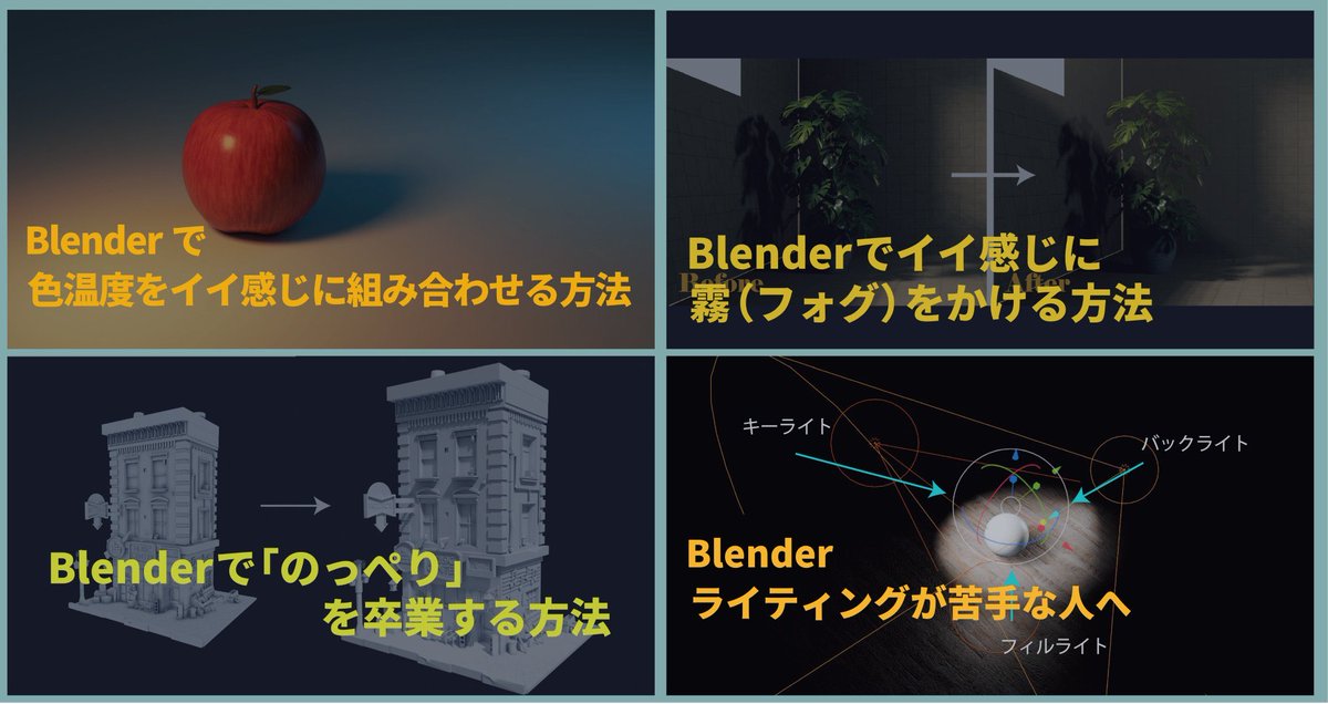 yutorikoubo's tweet photo. Blenderで「なんか雰囲気出ないな～」とか、「作品に深みが出ないな…」と悩んでいる人へ

色彩やライティング、影などを上手にコントロールできたら、その問題はきっと解決できます。
どれも簡単な方法ですぐに試すことができることばかりです。

返信欄から読めますので、ぜひ！

#blender初心者 #b3d