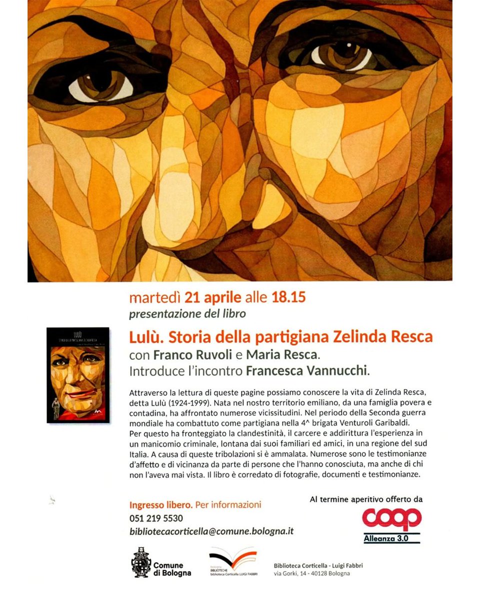 MaglioEditore's tweet photo. Il #21Aprile, giorno della #liberazione della città di Bologna dal nazifascismo, la Biblioteca Corticella - Luigi Fabbri ospiterà Maria Resca e Franco Ruvoli, curatori del libro #Lulù. Storia della partigiana #ZelindaResca https://t.co/2TicMwklTA