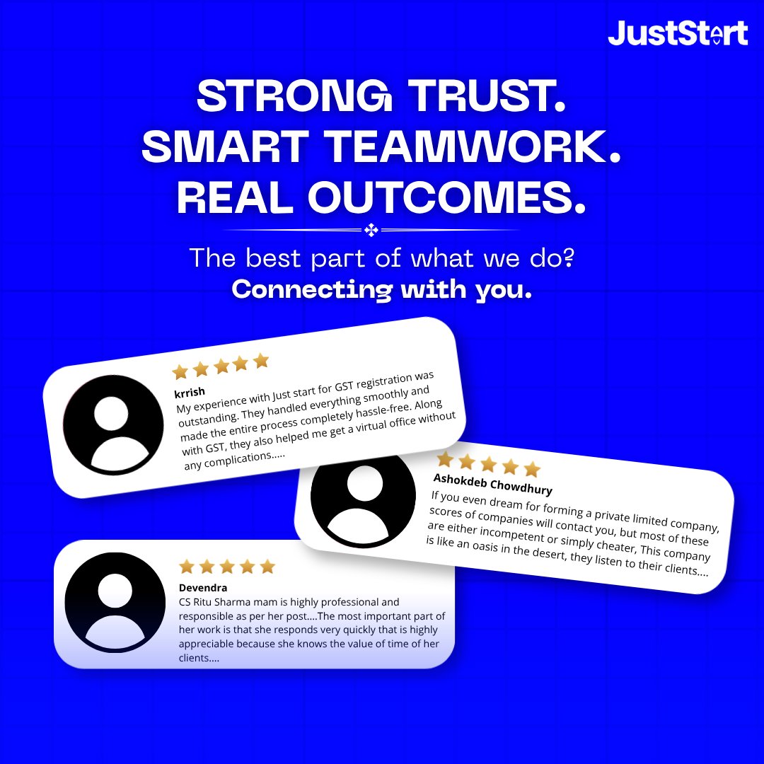 Juststart_tech's tweet image. Behind every registration, filing, and success story, there’s one thing that matters most: your trust.💙

Visit us now- juststart.co.in

#ClientAppreciation #ThankYou #Gratitude #TrustMatters #BusinessMadeEasy #clientreview #happyclients #juststart