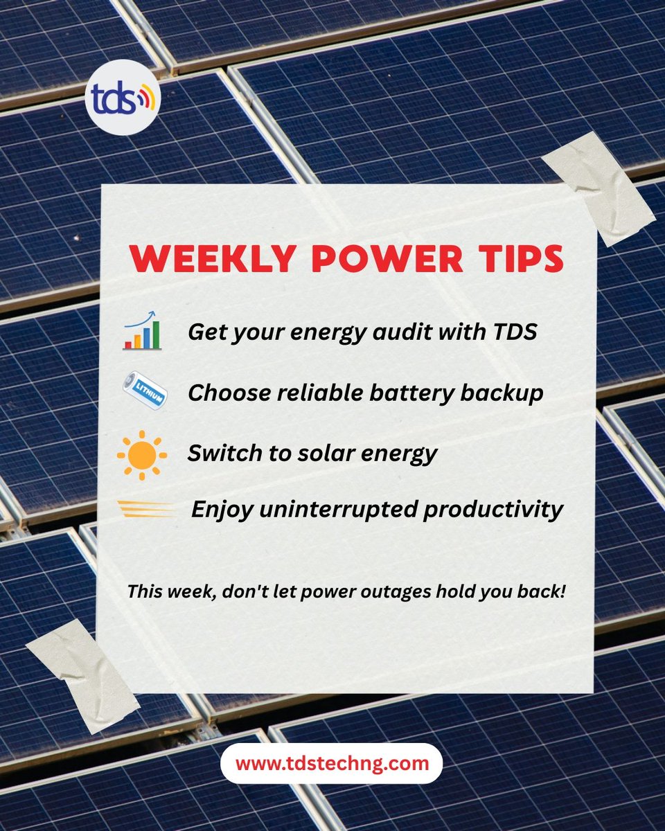 officialtdstech's tweet photo. Powered up and ready for the week.β‘οΈ
Donβt let unstable power slow you down. Set yourself up for a week of smooth work, steady progress, and real results. ππͺπ½
#TDSHitechSolutions
#MondayMotivation #PowerUpYourWeek #SolarEnergy #ReliablePower https://t.co/eWT4c5NKVl