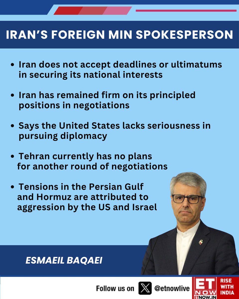 ETNOWlive's tweet image. Esmaeil Baghaei, Foreign Ministry Spokesperson of Iran, signals a hardening stance 

Rejecting ultimatums, questioning US intent, and ruling out fresh talks amid rising Gulf tension

#Iran #Geopolitics #MiddleEast #Diplomacy #USIran #Hormuz #GlobalTensions #ForeignPolicy