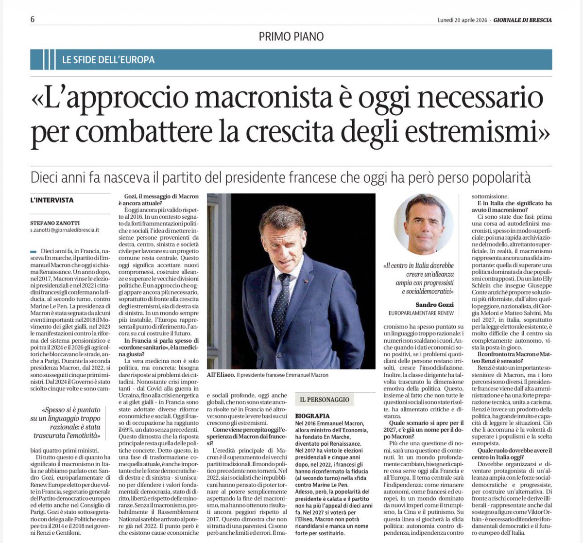 sandrogozi's tweet image. “Il messaggio di @EmmanuelMacron è oggi ancora più valido rispetto al 2016. In un contesto segnato da forti frammentazioni, l’idea di mettere insieme persone provenienti da destra, centro, sinistra e società civile per lavorare su un progetto comune resta centrale.“ ⤵️