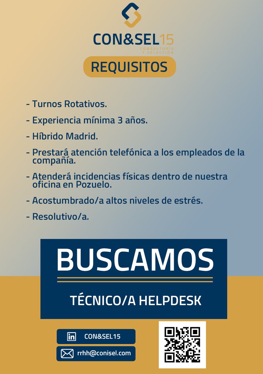 Buenos días #comunidad !!

Tenemos NUEVA #ofertadeempleo 👏

#hiring 🔶 TÉCNICO/A HELPDESK

✅ Para cliente final.
✅ Modalidad híbrida en Madrid.
✅ Contrato indefinido.

Inscríbete 👉

#oportunidadeslaborales #ofertaslaborales #CONYSEL15 #Técnico #HelpDesk