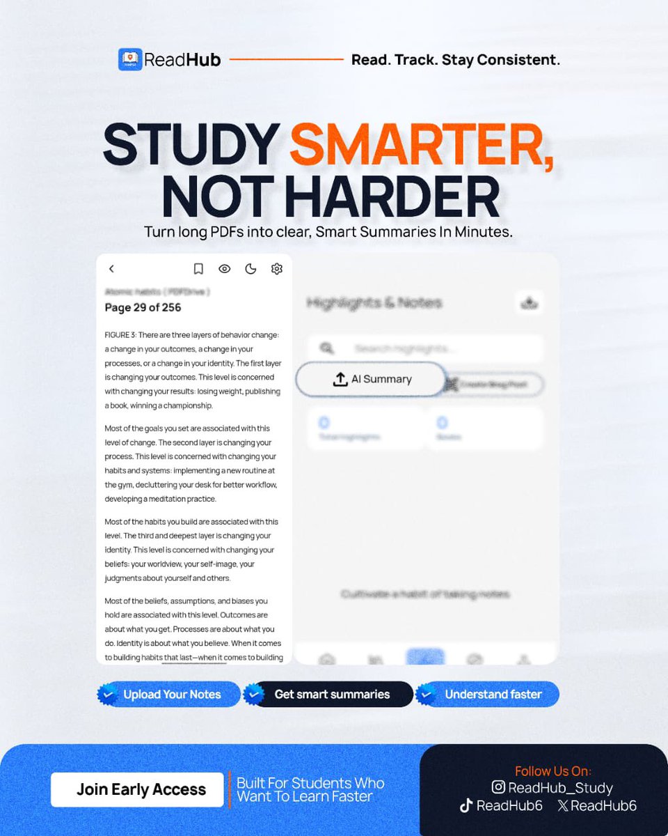 BestqualityG's tweet photo. As a serious student, you don’t need to study harder to pass an exam; instead, you need to study smarter.

That’s why @ReadHub_study offers a smart solution to help you summarize and understand your notes faster.

Join the early users here:  
https://t.co/SFksZ7r5c2 https://t.co/7Er2HnuFEc