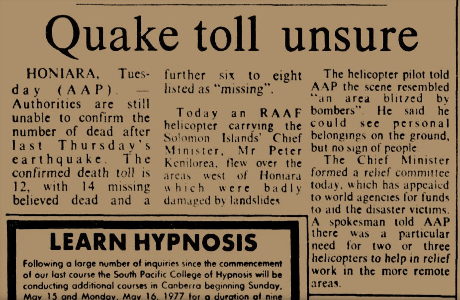 JoseRodRibeiro's tweet image. 20-21 April 1977 23:13 to 4:24 UT
Quadruplet of M6.7-7.5-7.5-7.5 #earthquakes over a span of 5 h hit Guadalcanal (Solomon is.) causing landslides, a #tsunami and 26 dead/missing. Multiplets very common there.
doi.org/10.1016/0031-9…
trove.nla.gov.au/search/
hemeroteca.lavanguardia.com