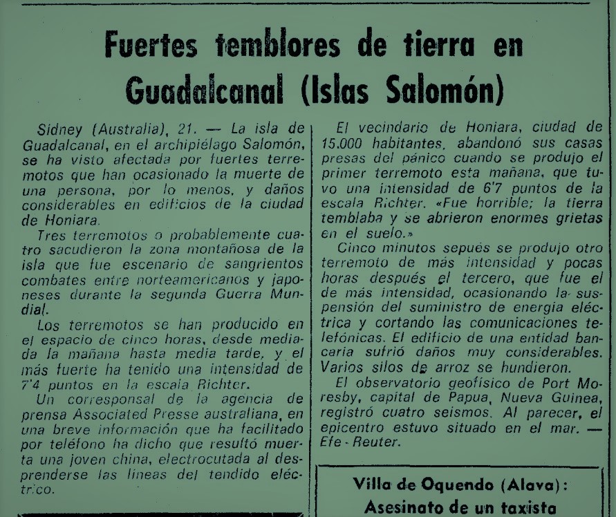 JoseRodRibeiro's tweet image. 20-21 April 1977 23:13 to 4:24 UT
Quadruplet of M6.7-7.5-7.5-7.5 #earthquakes over a span of 5 h hit Guadalcanal (Solomon is.) causing landslides, a #tsunami and 26 dead/missing. Multiplets very common there.
doi.org/10.1016/0031-9…
trove.nla.gov.au/search/
hemeroteca.lavanguardia.com