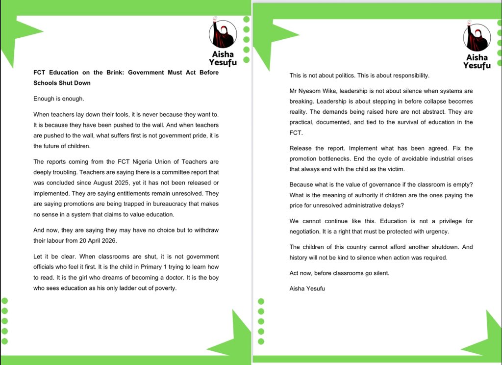 FCT Education on the Brink: Government Must Act Before Schools Shut Down
Enough is enough.

When teachers lay down their tools, it is never because they want to. It is because they have been pushed to the wall. And when teachers are pushed to the wall, what suffers first is not
