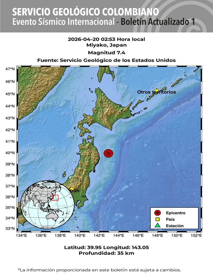 sgcol's tweet image. #SismosColombiaSGC Evento Sísmico Internacional - Boletín Actualizado 1, 2026-04-20, 02:53 hora local. Magnitud 7.4, Profundidad 35 km, Miyako, Japan #NoticiaEnDesarrollo #Temblor #Sismo Más información: sgc.gov.co/sismos