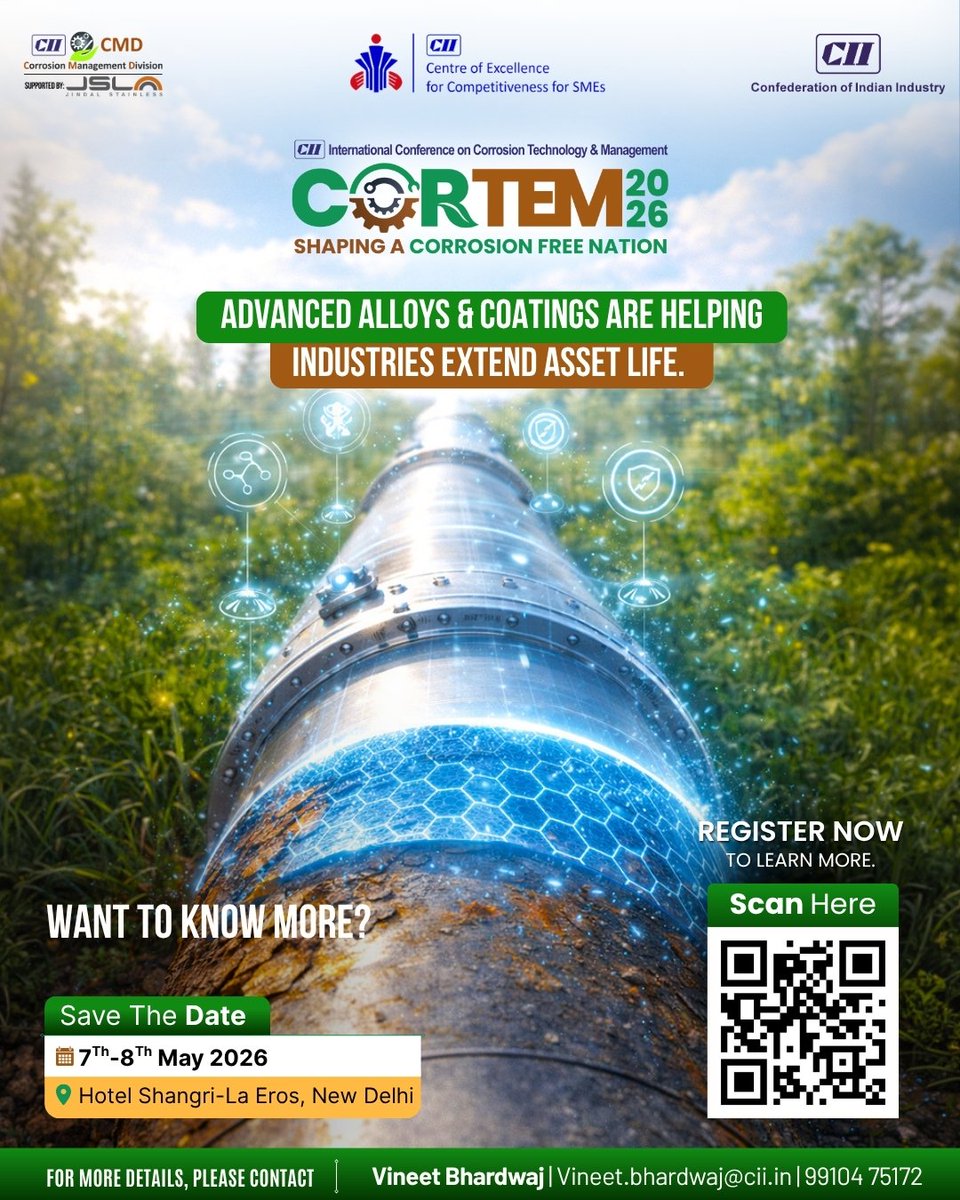 CII_CFC's tweet image. Advanced alloys &amp;amp; coatings = longer asset life.

Discover what’s next at CORTEM 2026.
LINK FOR REGISTRATION:
cam.mycii.in/OR/OnlineRegis…

#CORTEM2026 #Corrosion #Engineering #Infrastructure #CII