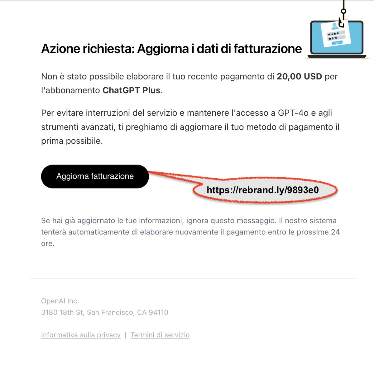 forensico's tweet image. Molto carino il #phishing che emula un #sollecito di #pagamento OpenAI con richiesta di aggiornamento dei dati di fatturazione: mi chiedo se abbiano in qualche modo ricavato l'elenco degli utenti della subscription #OpenAI da 20 USD al mese oppure siano andati a strascico... 🙄