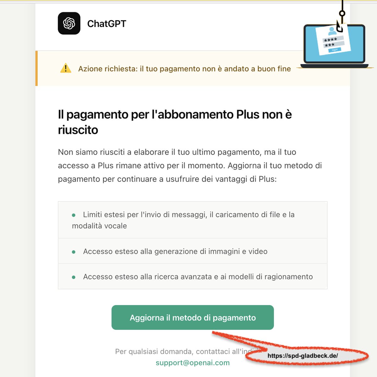 forensico's tweet image. Molto carino il #phishing che emula un #sollecito di #pagamento OpenAI con richiesta di aggiornamento dei dati di fatturazione: mi chiedo se abbiano in qualche modo ricavato l'elenco degli utenti della subscription #OpenAI da 20 USD al mese oppure siano andati a strascico... 🙄
