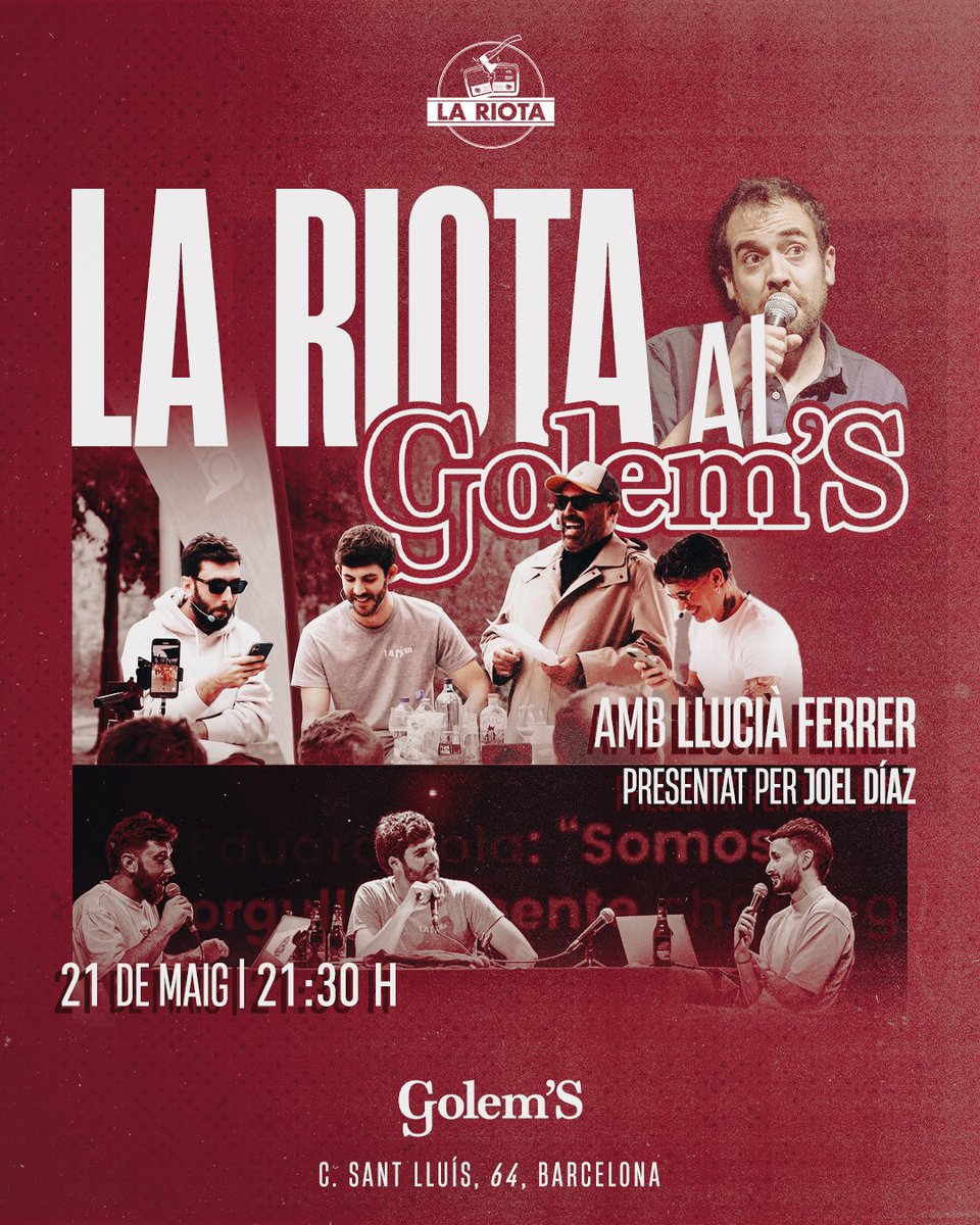 🤚🏽 Pareu de fer el que estigueu fent i anoteu-vos aquesta data: Dijous 21 de maig.  

Farem un directe al <a href="/golemsteatre/">Golem’S</a> acompanyats de
<a href="/lluciaferrer/">Llucià Ferrer</a> i <a href="/joeldiazbrah/">Joel Díaz</a> per acomiadar la temporada. 

Us hi esperem!

Aquí l'enllaç amb les entrades:

entrapolis.com/entrades/la-ri…